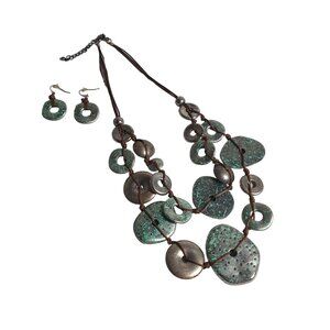 Boho Teal Splatter Silver Tone Disk Necklace Earring Set Costume Jewelry Fashion